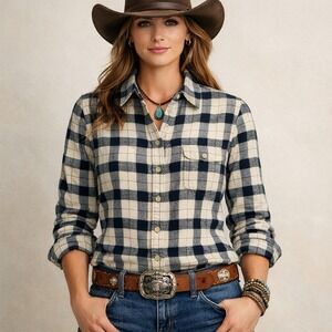 Filson Vintage Flannel Work Shirt Cotton Shacket Cream/Black Plaid Women's Small